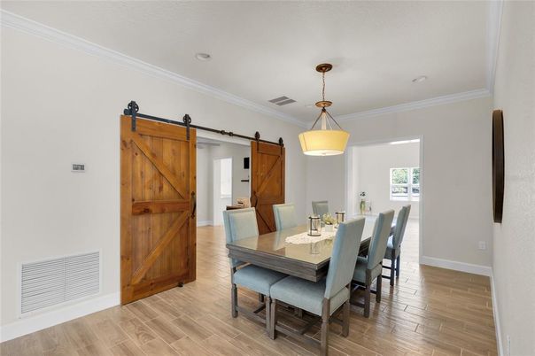 Dining room, Interior, Pendant Lights, Wood Texture Flooring