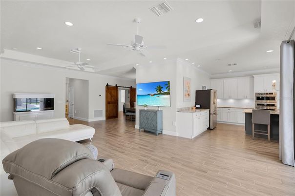 Interior, Kitchen, Living room, Recessed Lighting, Wood Texture Flooring