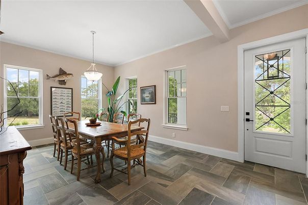 Dining room, Interior, Pendant Lights, Wood Texture Flooring