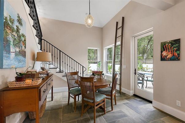 Dining room, Interior, Pendant Lights, Wood Texture Flooring