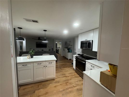 Interior, Kitchen, Pendant Lights, Recessed Lighting, Wood Texture Flooring