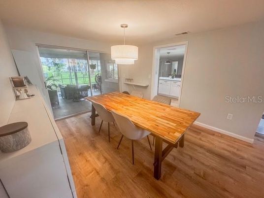 Dining room, Interior, Pendant Lights, Wood Texture Flooring