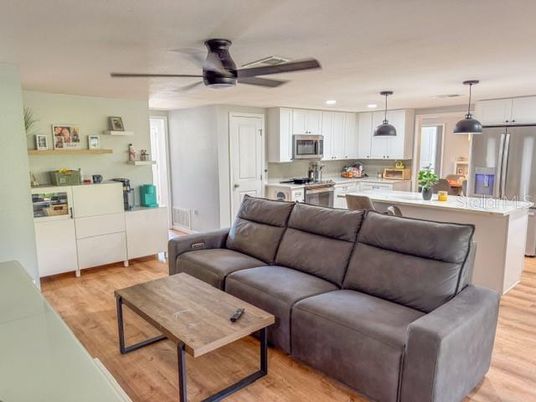 Interior, Kitchen, Living room, Pendant Lights, Recessed Lighting, Stainless Steel Appliances, Wood Texture Flooring