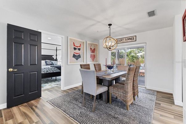 Bedroom, Dining room, Interior, Pendant Lights, Wood Texture Flooring