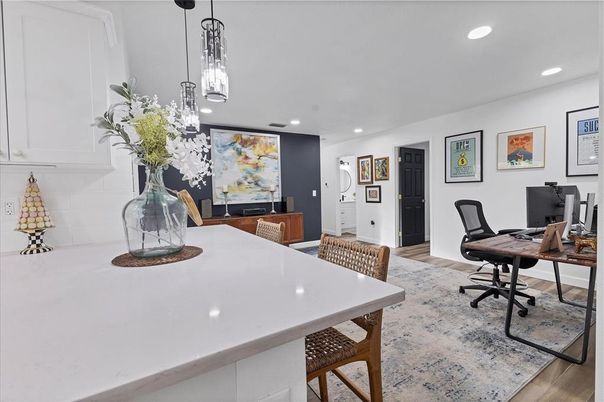 Home Office, Interior, Pendant Lights, Recessed Lighting, Wood Texture Flooring