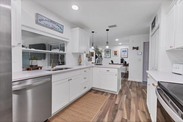 Interior, Kitchen, Pendant Lights, Recessed Lighting, Stainless Steel Appliances, Wood Texture Flooring