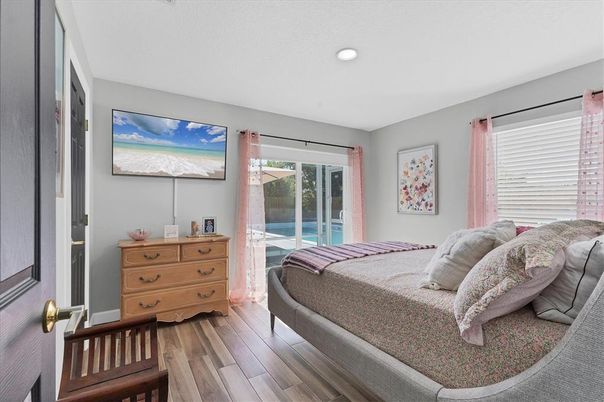 Bedroom, Interior, Recessed Lighting, Wood Texture Flooring