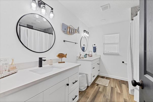Bathroom, Dual Sink Vanities, Interior, Wood Texture Flooring