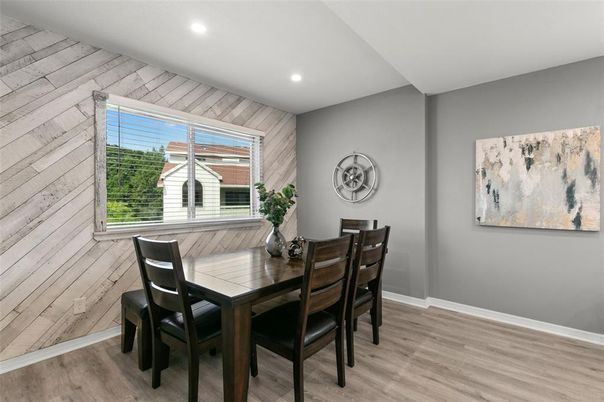 Dining room, Interior, Recessed Lighting, Wood Texture Flooring, Wooden Walls