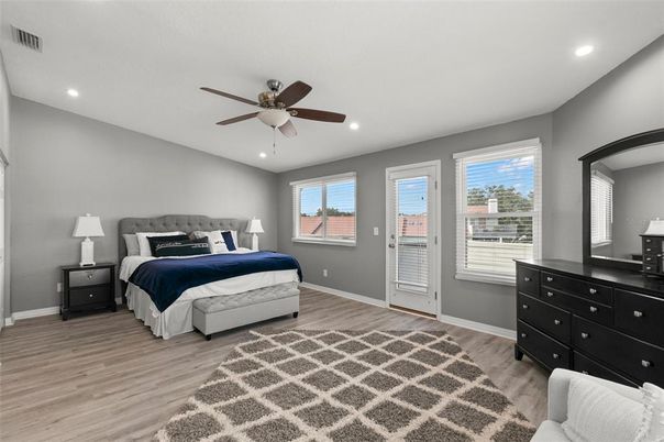 Bedroom, Interior, Recessed Lighting, Wood Texture Flooring