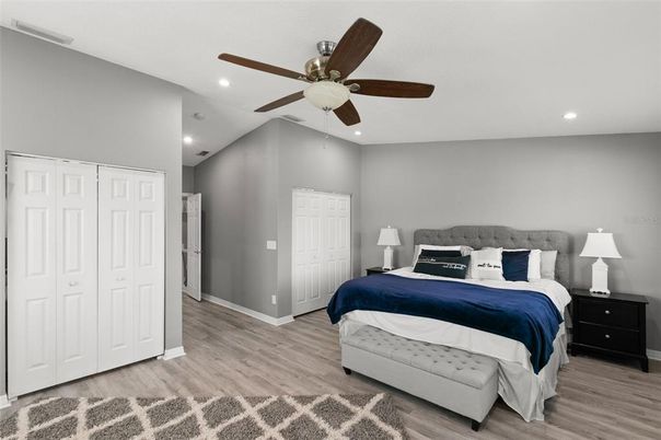 Bedroom, Interior, Recessed Lighting, Wood Texture Flooring