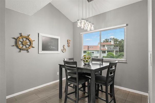Dining room, Interior, Pendant Lights, Wood Texture Flooring