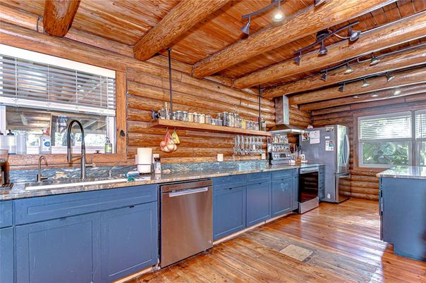 Interior, Kitchen, Stainless Steel Appliances, Wooden Beams, Wooden Ceilings, Wood Texture Flooring, Wooden Walls
