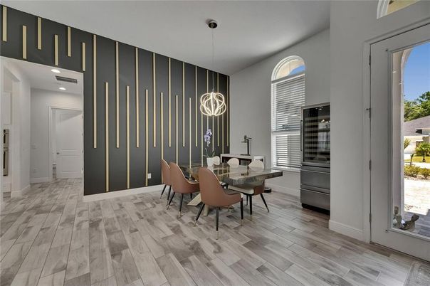 Dining room, Interior, Pendant Lights, Recessed Lighting, Wood Texture Flooring