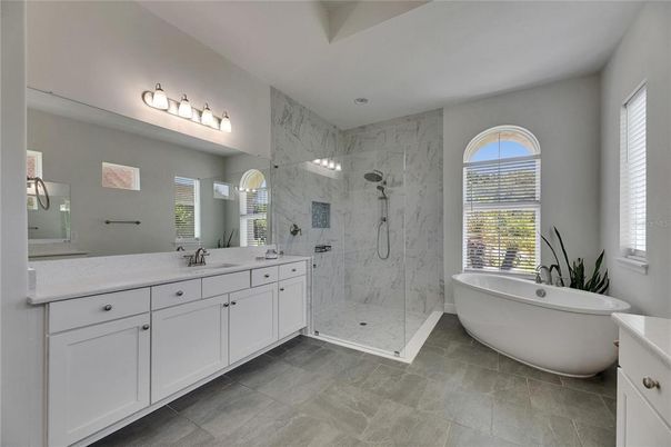 Bathroom, Dual Sink Vanities, Free Standing Baths, Glass Shower, Interior, Marble Walls