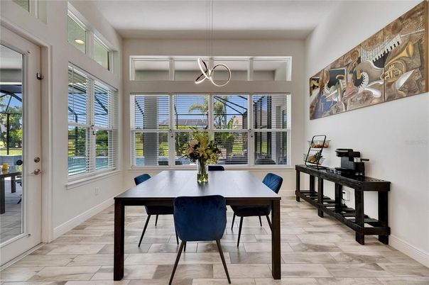 Dining room, Interior, Pendant Lights, Wood Texture Flooring