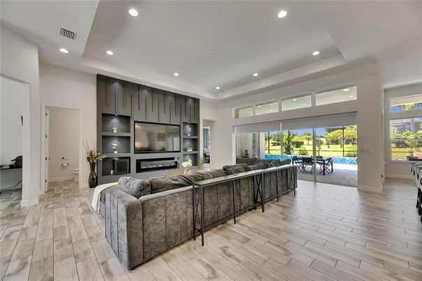 Dining room, Interior, Living room, Recessed Lighting, Wood Texture Flooring