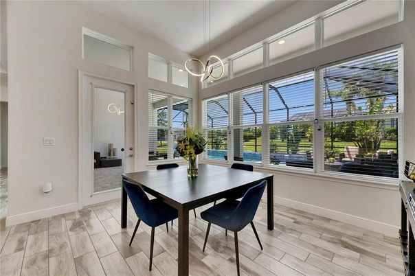 Dining room, Interior, Pendant Lights, Wood Texture Flooring