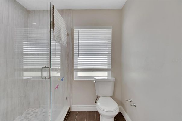 Bathroom, Glass Shower, Interior, Wood Texture Flooring