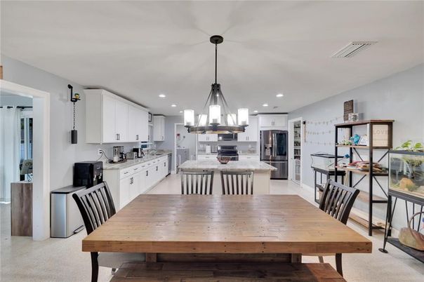 Dining room, Interior, Kitchen, Pendant Lights, Recessed Lighting, Stainless Steel Appliances