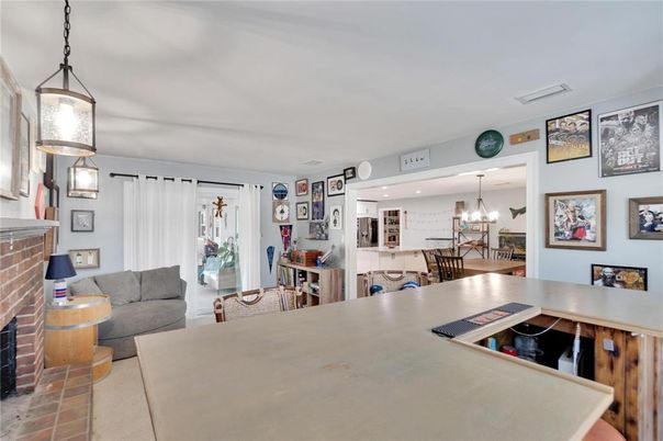 Dining room, Fireplace, Interior, Living room, Pendant Lights, Recessed Lighting