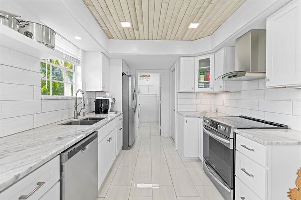 Interior, Kitchen, Recessed Lighting, Stainless Steel Appliances, Wooden Ceilings