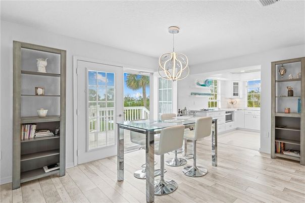 Dining room, Interior, Pendant Lights, Wood Texture Flooring