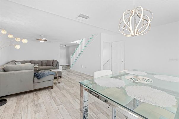 Dining room, Interior, Living room, Pendant Lights, Wood Texture Flooring
