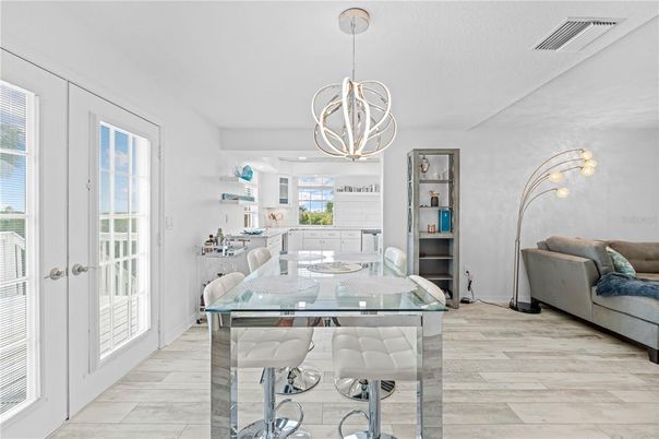Dining room, Interior, Kitchen, Pendant Lights, Wood Texture Flooring