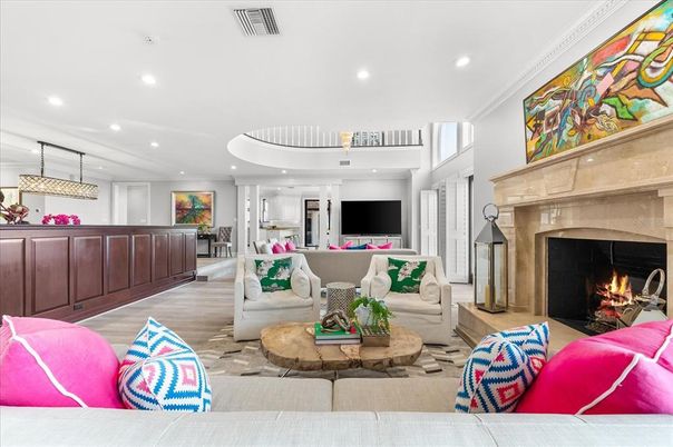 Fireplace, Interior, Living room, Pendant Lights, Recessed Lighting, Wood Texture Flooring