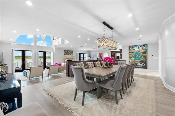 Chandelier, Dining room, Interior, Living room, Recessed Lighting, Wood Texture Flooring