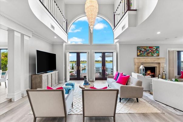 Chandelier, Fireplace, Interior, Living room, Recessed Lighting, Water, Wood Texture Flooring