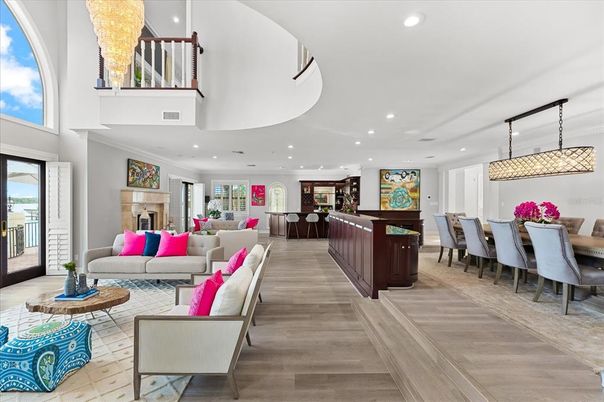 Dining room, Fireplace, Interior, Living room, Pendant Lights, Recessed Lighting, Wood Texture Flooring