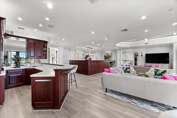 Interior, Kitchen, Living room, Pendant Lights, Recessed Lighting, Wood Texture Flooring