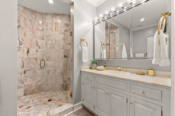 Bathroom, Interior, Marble Walls, Recessed Lighting