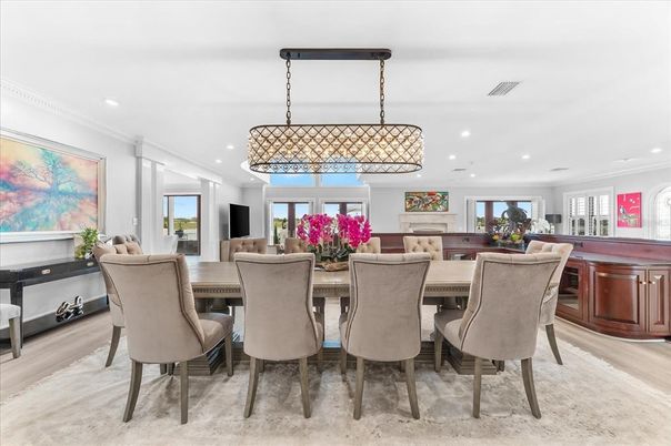Chandelier, Dining room, Interior, Pendant Lights, Recessed Lighting, Wood Texture Flooring