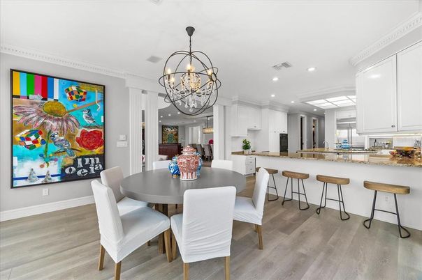 Chandelier, Dining room, Interior, Kitchen, Recessed Lighting, Wood Texture Flooring