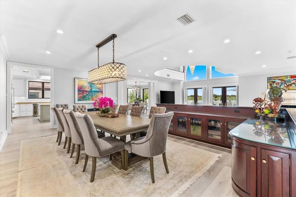Dining room, Interior, Pendant Lights, Recessed Lighting, Wood Texture Flooring