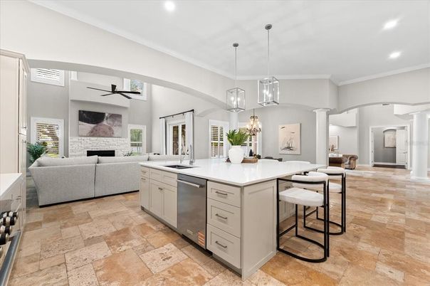 Dining room, Fireplace, Interior, Kitchen, Living room, Pendant Lights, Recessed Lighting