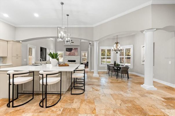 Chandelier, Dining room, Fireplace, Interior, Kitchen, Pendant Lights, Recessed Lighting