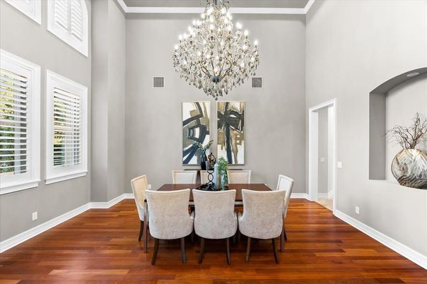 Chandelier, Dining room, Interior, Wood Texture Flooring