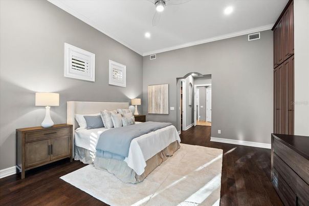 Bedroom, Interior, Recessed Lighting, Wood Texture Flooring