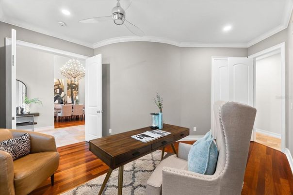 Chandelier, Home Office, Interior, Recessed Lighting, Wood Texture Flooring