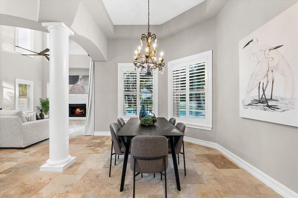 Chandelier, Dining room, Fireplace, Interior, Living room, Pendant Lights
