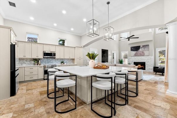 Fireplace, Interior, Kitchen, Living room, Pendant Lights, Recessed Lighting