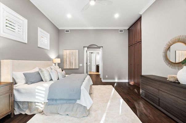 Bedroom, Interior, Recessed Lighting, Wood Texture Flooring