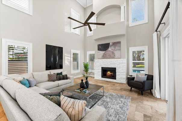 Fireplace, Interior, Living room, Pendant Lights