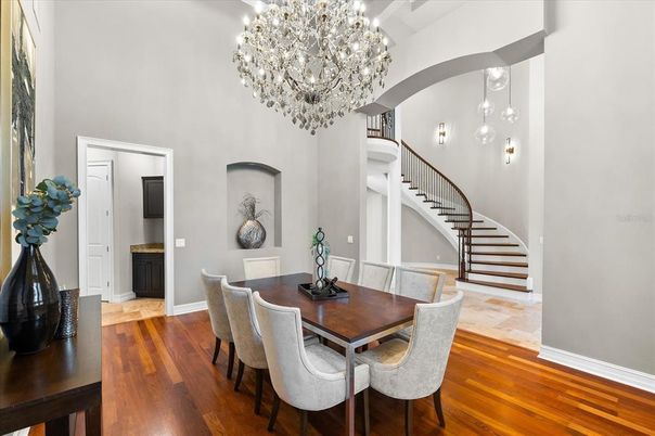 Chandelier, Dining room, Interior, Wood Texture Flooring