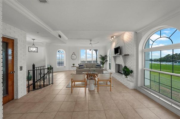 Fireplace, Interior, Living room, Pendant Lights, Stone Walls