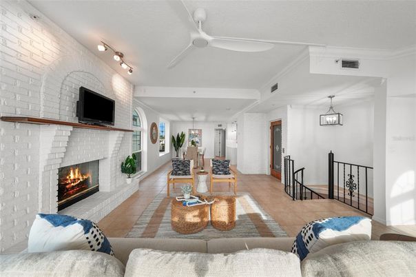Dining room, Fireplace, Interior, Living room, Pendant Lights, Stone Walls